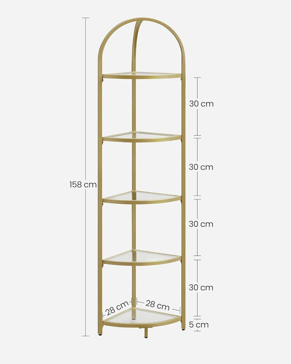 VASAGLE Raft de colt cu trepte pentru dormior, 5 etaje, din sticla securizata, cadru din otel, 28x28x158cm, auriu