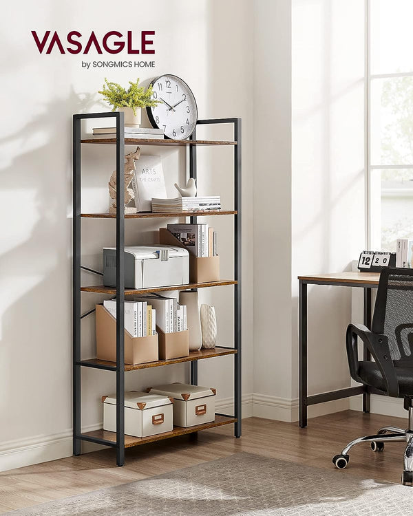 VASAGLE Biblioteca cu 5 etaje din lemn, cadru otel, stil industrial, 30x66x153cm, maro rustic si negru