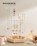 SONGMICS Stand organizator de bijuterii, cu cadru metalic, suport cercei, bratara, colier, inele, 18x21x36cm, alb