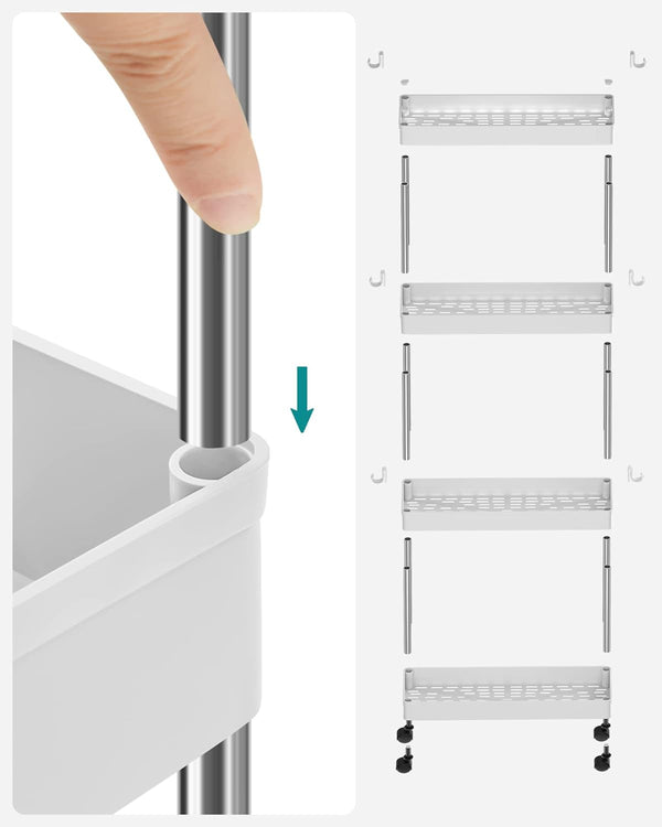 SONGMICS Carucior de depozitare pe roti, pentru bucatarie sau baie, din plastic, cu 4 nivele, 40x13x88cm, alb