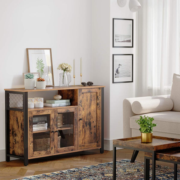 VASAGLE Dulap de depozitare tip bufet, cu 3 usi, stil industrial, 110x33x75cm, maro rustic si negru