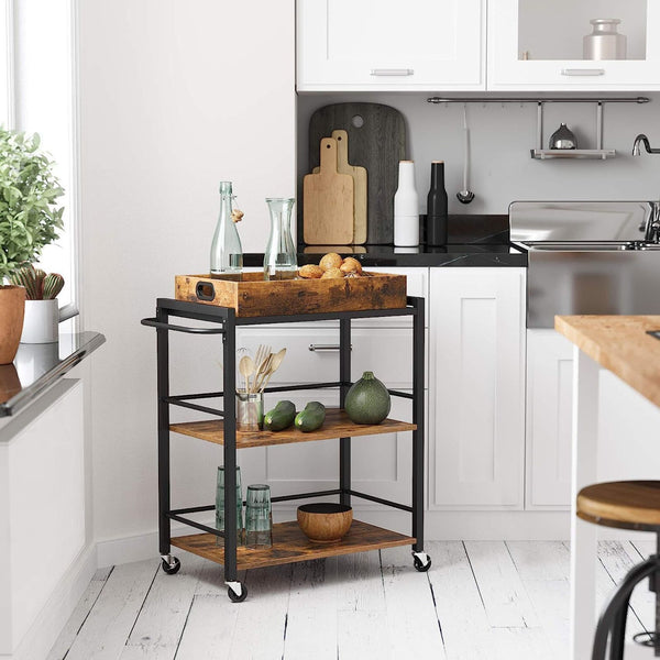 VASAGLE Carucior de servire pe roti pentru bucatarie, 3 polite, tava detasabila, stil industrial, 40x72x86cm, maro rustic