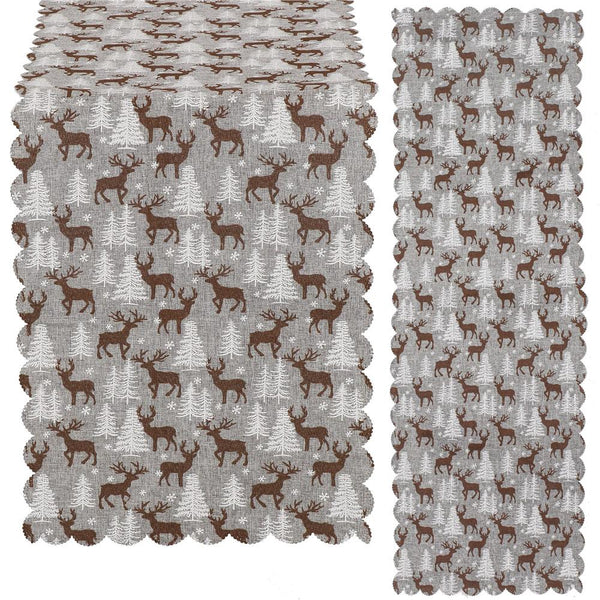 Fata de masa pentru decor, cu motive de Craciun, din stofa, 35x186cm, gri
