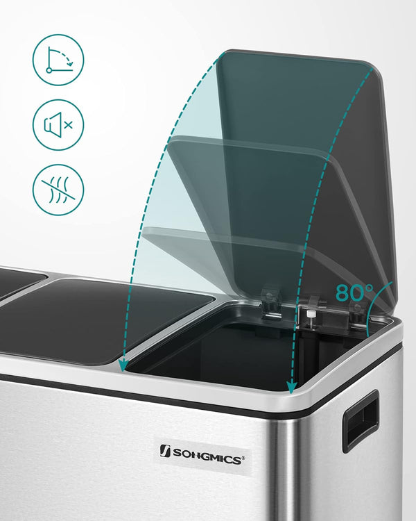 SONGMICS Cos de gunoi din inox cu 3 compartimente colectare selectiva, cu galeti interioare, 3x18litri, argintiu si negru