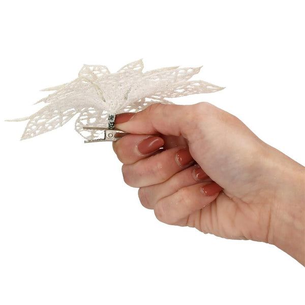 Set 10 ornamente pentru bradul de Craciun, stea Poinsettia, 14cm, alb cu sclipici