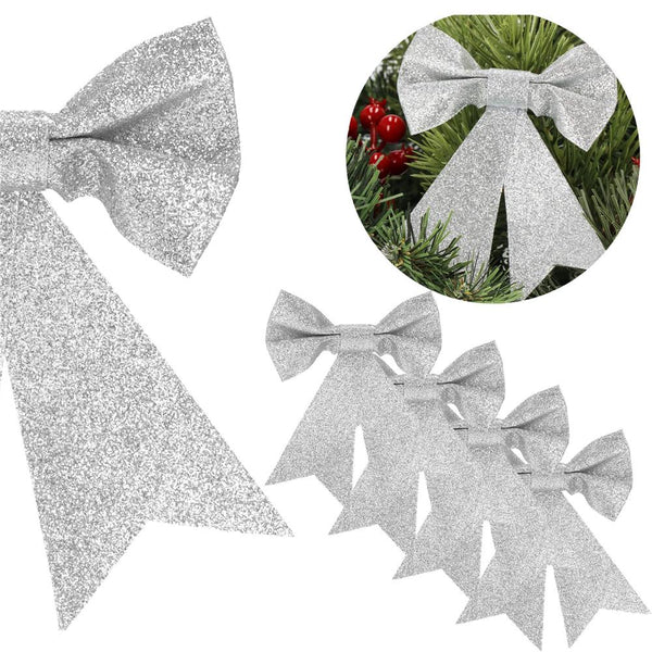 Set 4 ornamente pentru bradul de Craciun, fundita, 13cm, argintiu
