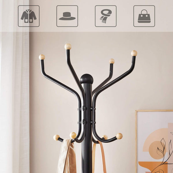 VASAGLE Cuier pentru haine, din otel, tip pom, cu 12 carlige, 182cm, negru
