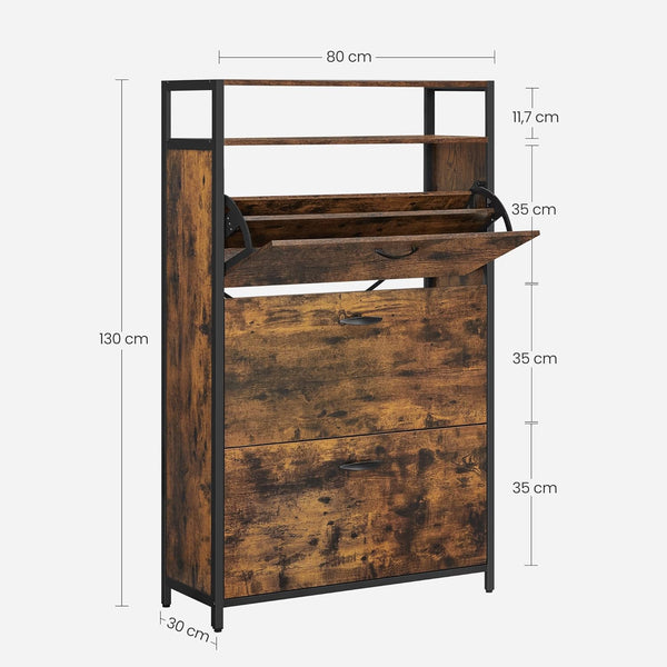 VASAGLE Dulap pantofi din MDF cu ​​3 usi basculante, pentru 15-24 perechi, 80x30x130cm, maro rustic