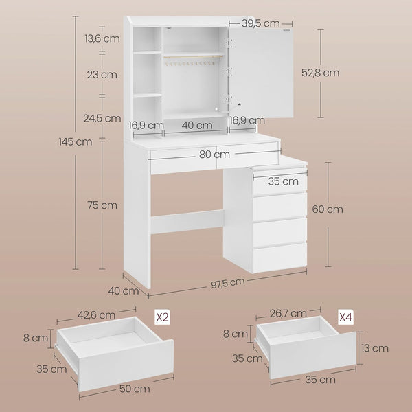 VASAGLE Masa de toaleta cu taburet si oglinda, iluminare LED reglabila, 6 sertare, 98x40x145 cm, alb