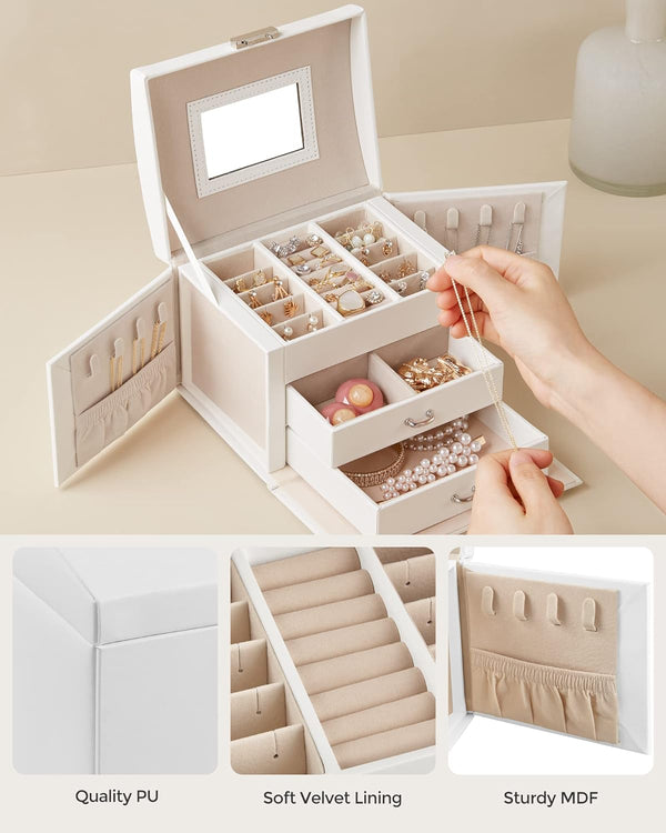 SONGMICS Cutie de bijuterii cu 3 niveluri, oglinda, incuietoare cu maner, 2 sertare, 14x18x14cm, alb