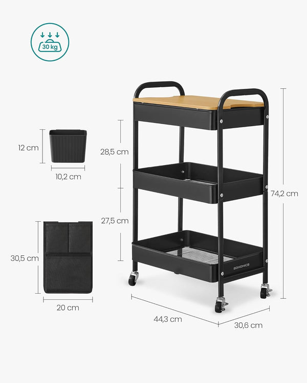 SONGMICS Raft de depozitare mobil tip carucior rulant, pentru baie sau bucatarie, cadru otel cu blat MDF, 31x44x74 cm, negru