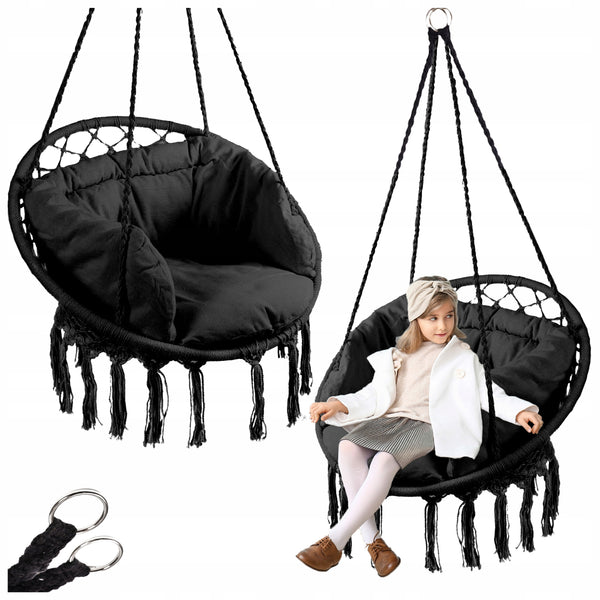 Scaun rotund tip leagan suspendat cu perna Confort Plus, casa sau gradina, negru
