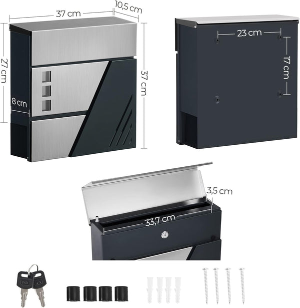 SONGMICS Cutie postala de exterior, pentru gard sau perete, din otel si inox, 37x11x37cm, argintiu inox si gri inchis