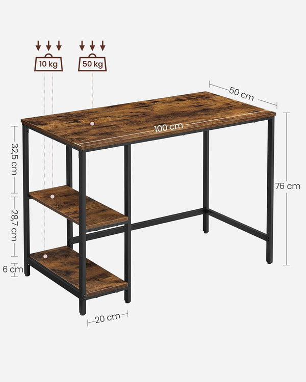 VASAGLE Birou cu 2 rafturi pe stanga sau dreapta, cadru din otel, 50x100x75cm, industrial, maro rustic si negru