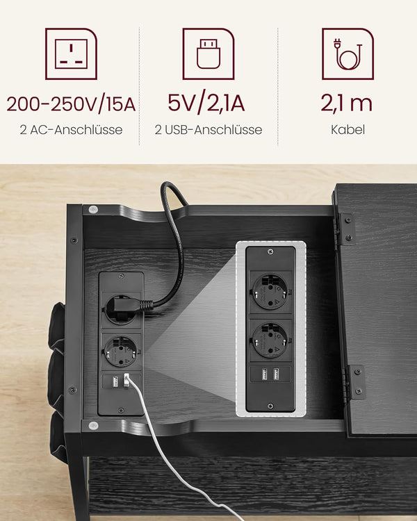 VASAGLE Masa laterala pliabila, tip noptiera, cu prize si porturi USB, raft si geanta din textil, 60x32x60 cm, negru