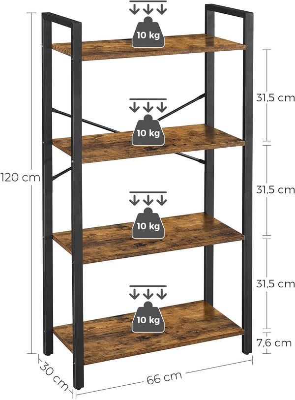 VASAGLE Biblioteca cu 4 etaje din lemn, cadru otel, stil industrial, 66x30x120cm, maro rustic