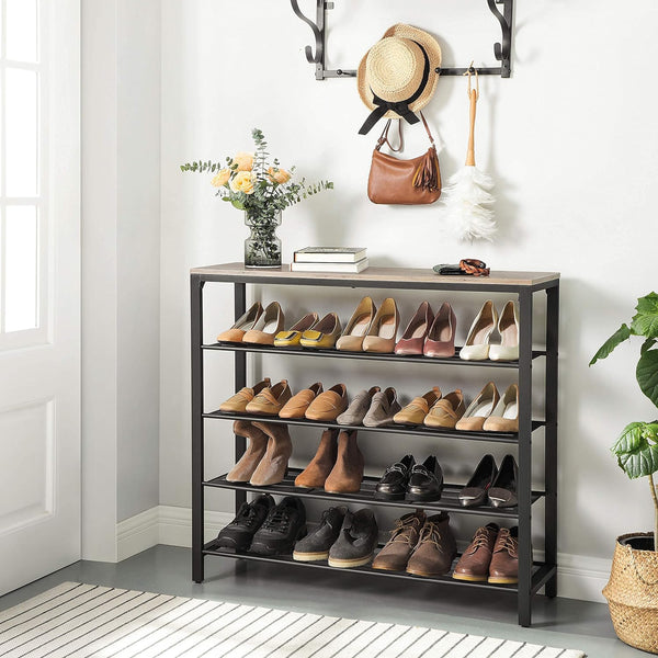 VASAGLE Raft de pantofi metalic, cu 4 nivele plus polita superioara, stil industrial, 100x30x93cm, gri si negru