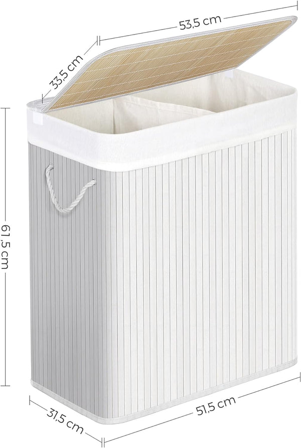 SONGMICS Cos de rufe din bambus cu capac, 2 compartimente, sac detasabil, volum 100L, 52x32x62cm, alb