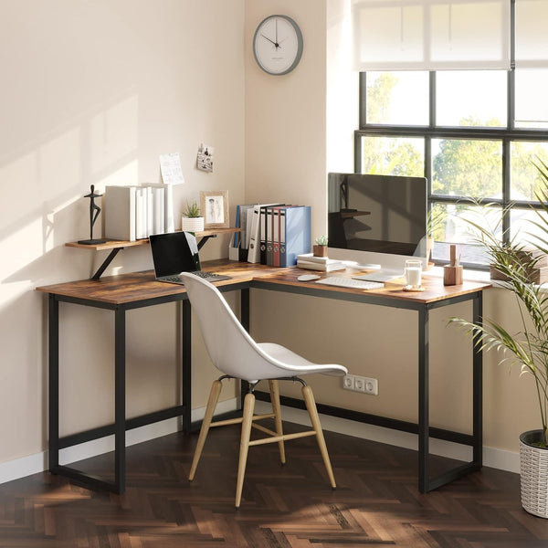 VASAGLE Birou in forma de L cu suport pentru monitor, cadru metalic, 140x130x76cm, maro rustic