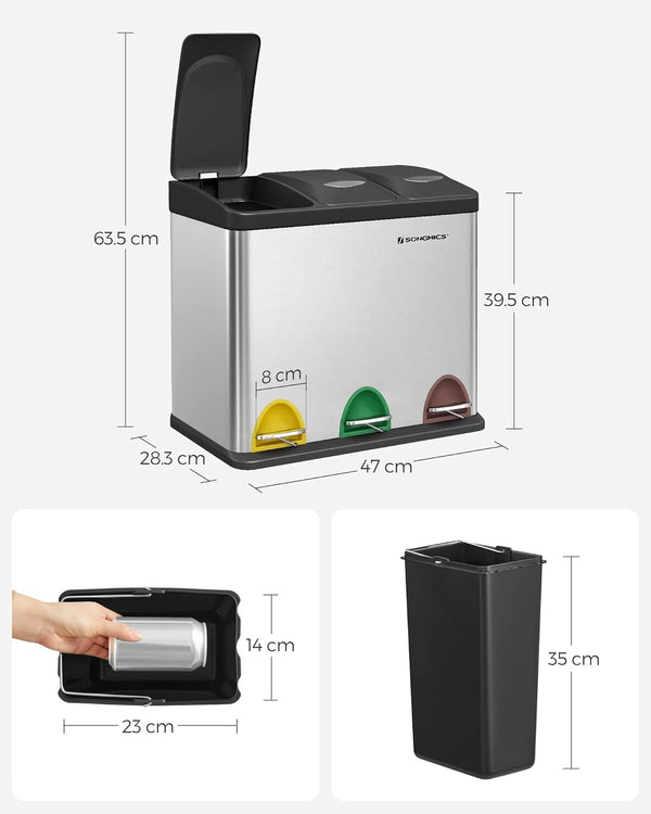 SONGMICS Cos de gunoi din inox cu 3 compartimente colectare selectiva, cu galeti interioare, 3x8litri, argintiu si negru