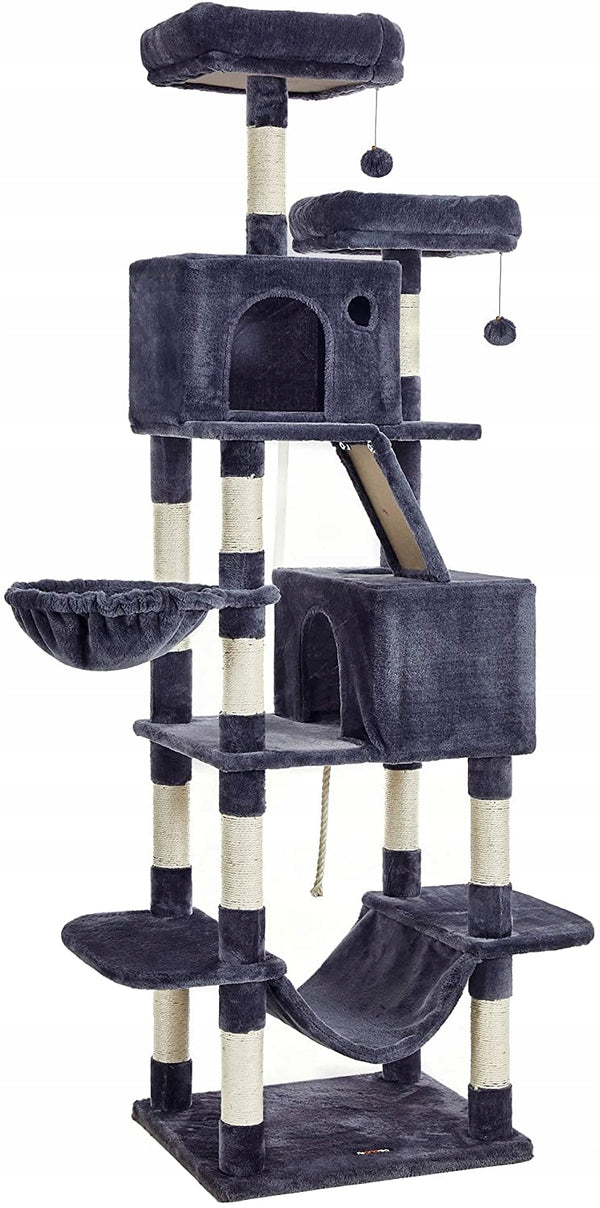 FEANDREA Ansamblu de joaca pentru pisici, tip copac, cu 3 culcusuri, hamac si 2 ascunzatoare, 60x50x206cm, gri inchis