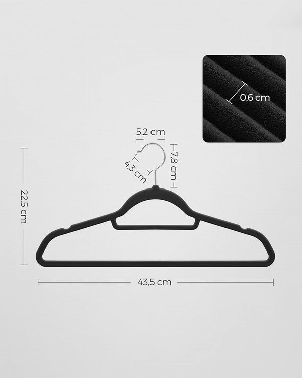 SONGMICS Set de 50 de umerase pentru haine, anti-alunecare cu catifea, bara de cravata si carlig pivotant, 43,5 cm, negru