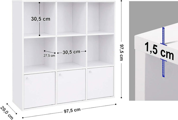 VASAGLE Biblioteca din lemn, cu 9 cuburi, 3 dulapuri inferioare, 98x98x29cm, alb