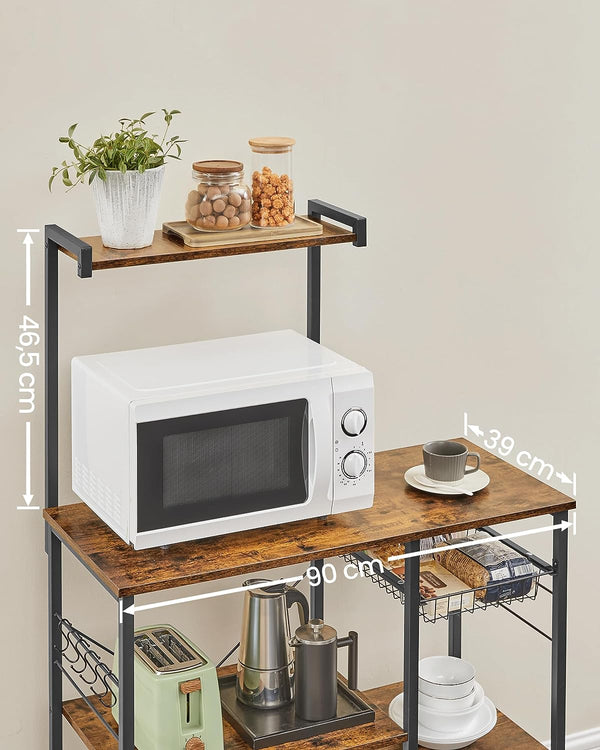 VASAGLE Raft de bucatarie, suport pentru cuptorul cu microunde, cos de sarma, 6 carlige S, 39x90x132cm, maro rustic