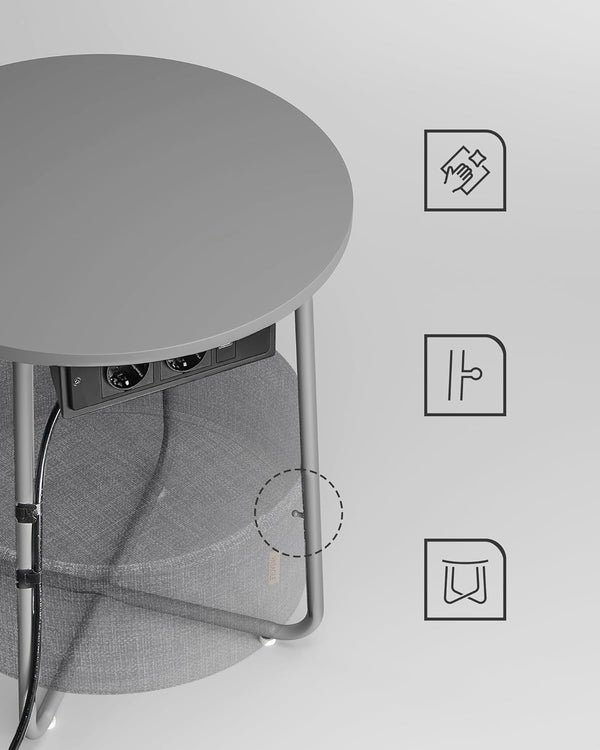 VASAGLE Masuta de cafea rotunda cu cos de stofa, statie de incarcare 2 prize si 2 USB, 45x50cm, gri argintiu