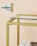 VASAGLE Masa de intrare, cu rafturi asimetrice, blat din sticla securizata, cadru metalic, 35x100x80cm, auriu
