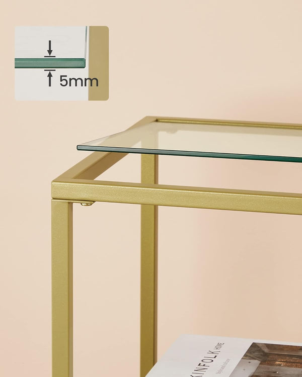 VASAGLE Masa de intrare, cu rafturi asimetrice, blat din sticla securizata, cadru metalic, 35x100x80cm, auriu
