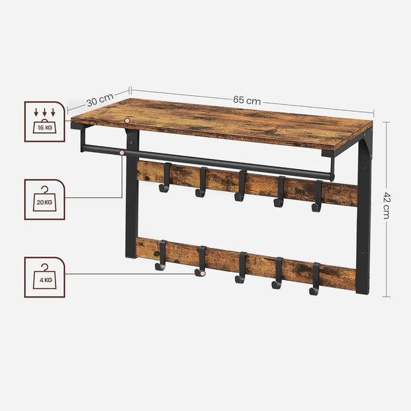 VASAGLE Raft de perete tip cuier, 10 carlige detasabile, sina pentru haine, 30x65x42cm, maro rustic si negru