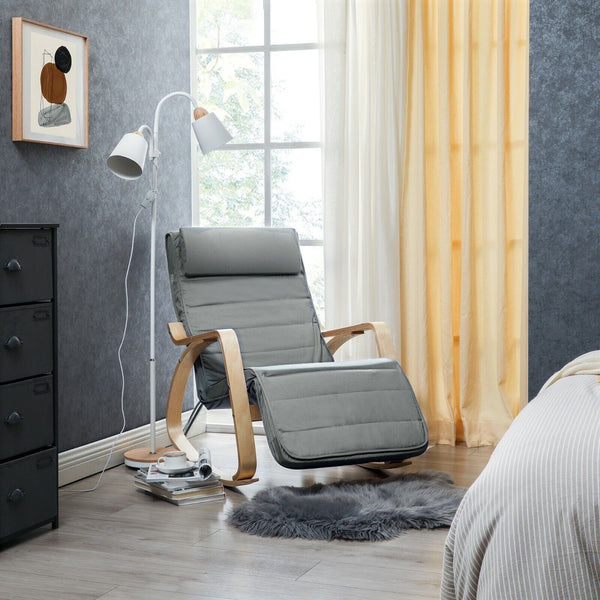 SONGMICS Scaun balansoar din lemn, suport picioare reglabil, maxim 150kg, 67x115x91cm, gri deschis
