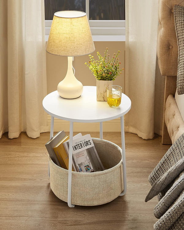 VASAGLE Masuta de cafea rotunda cu cos de stofa, stil modern, 45x50cm, alb cu bej