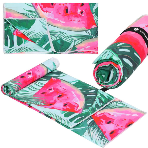 Prosop de plaja cu uscare de rapida, husa de transport, 90x180cm, model pepene verde