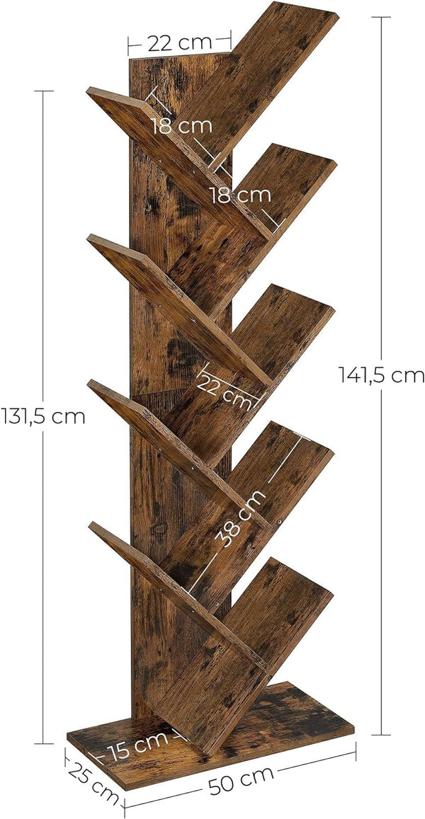 VASAGLE Biblioteca de podea cu 8 etaje, cu rafturi din lemn in forma V, 25x141x50cm, maro rustic
