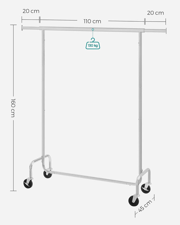 SONGMICS Suport pentru haine cu sina superioara extensibila, pe roti, reglabil pe latime, 45x(110-150)x160cm, inox argintiu