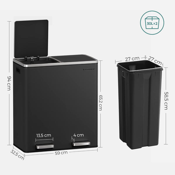 SONGMICS Cos de gunoi din inox cu 2 compartimente colectare selectiva, cu galeti interioare, 2x30litri, negru