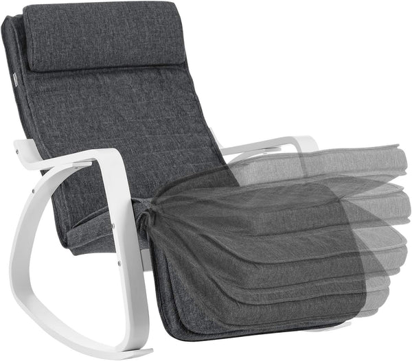 SONGMICS Scaun balansoar din lemn, suport picioare reglabil, maxim 150kg, 67x115x91cm, gri si alb