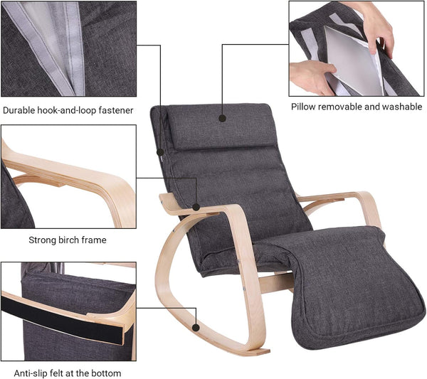 SONGMICS Scaun balansoar din lemn, suport picioare reglabil, maxim 150kg, 67x115x91cm, gri inchis