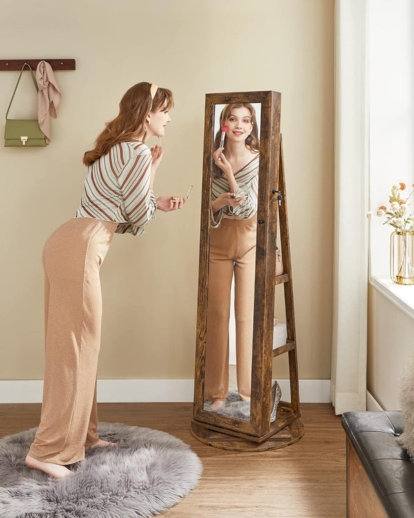 SONGMICS Oglinda de podea cu suport rotativ la 360°, cu spatiu de depozitare, 55x55x161cm, maro rustic