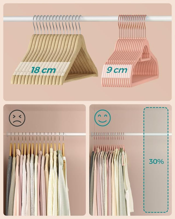 SONGMICS Set de 30 de umerase pentru haine, anti-alunecare cu catifea, bara de cravata si carlig pivotant, 43,5 cm, roz