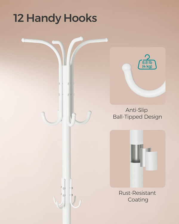 SONGMICS Cuier pentru haine, cu suport de umbrele, 12 agatatori, 175 cm, alb