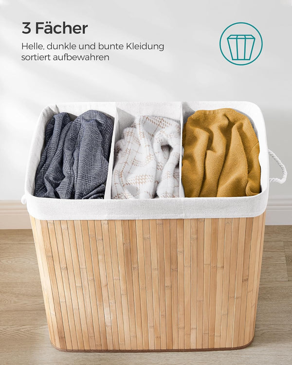 SONGMICS Cos de rufe din bambus, pliabil, cu captuseala detasabila lavabila, 3 compartimente, 150L, 60x40x60cm, natural