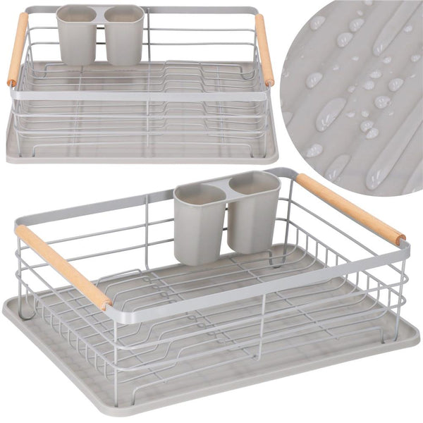 Uscator de vase cu suport tacamuri, din otel, cu tava de scurgere, manere lemn, 42x32x15cm, gri