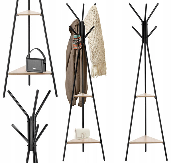Cuier hol, metalic, 2 rafturi MDF, design minimalist, 180 cm, negru
