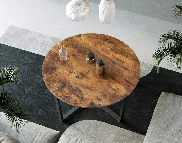 VASAGLE Masa de cafea rotunda, stil industrial, cadru metalic si blat lemn, 88x88x47cm, maro rustic si negru