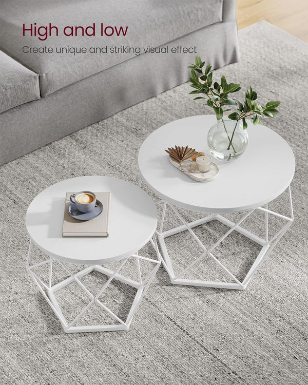 VASAGLE Set de 2 mese de cafea rotunde, cadru otel si blat detasabil, 40cm si 50cm, alb