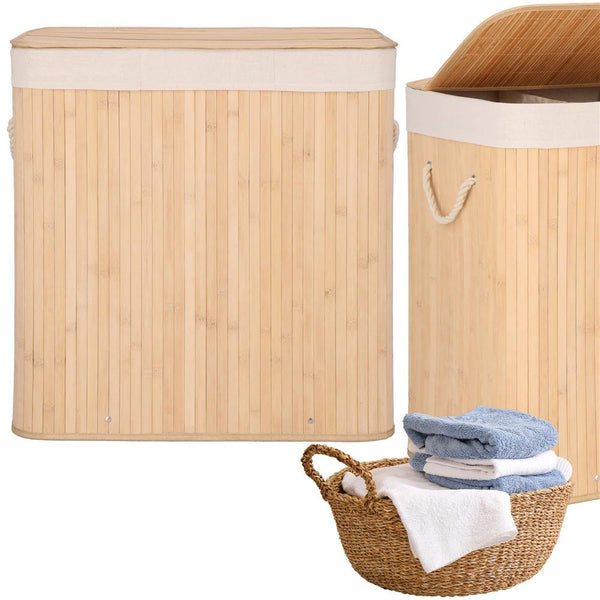 Cos de rufe din bambus, pliabil, cu captuseala detasabila lavabila, 3 compartimente, 150L, 63x42x62cm, maro