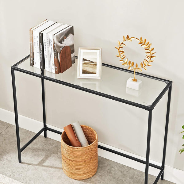 VASAGLE Masa de intrare, blat din sticla securizata, cadru din metal, pentru sufragerie, 100x35x80cm, negru